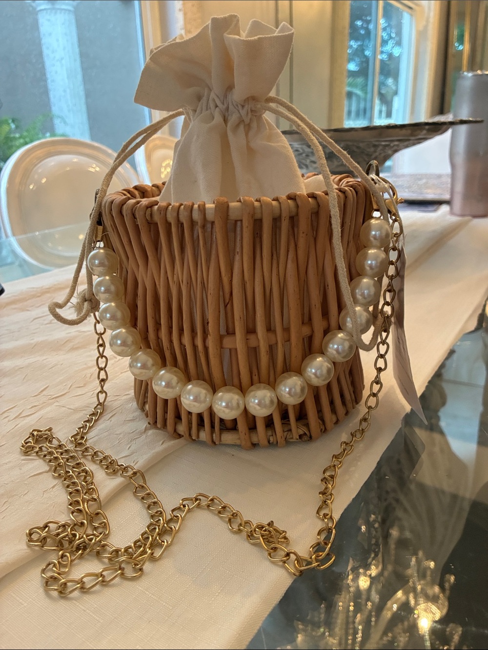 Woven Rattan Mini Bucket Bag with Pearl Strap - Natural